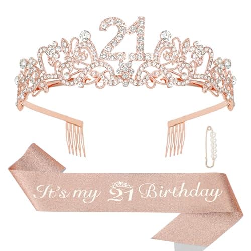 Semato 21st Birthday Decorations for Her Sash and Crown Tiara Kit Rose Gold 21st Birthday Gifts for Girls Party Supplies