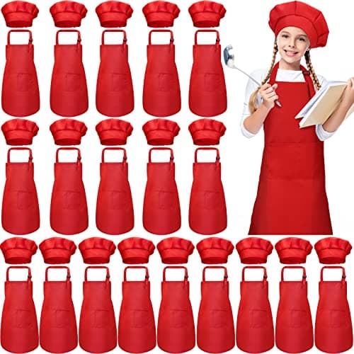 Handepo 40 Pcs Apron Chef Hat Set Aprons Chef s Bib Apron Hats Bulk for Cooking Painting 713 YearsRed