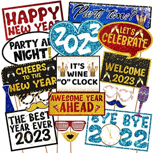 WOBBOX Happy New Year Photo Booth Party Props, Blue & Golden Gliter, Happy New Year 2023 Decoration (19 Pcs)