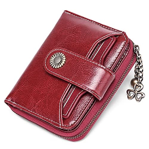GOIACII Wallet for Women Leather Small RFID Blocking Bifold Zipper Pocket Card Holder with ID Window Wine Red