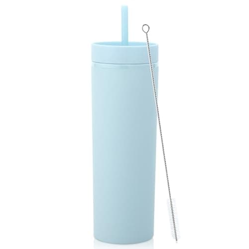 Volhoply 20oz Plastic Skinny Tumbler,Double Wall Tumblers with Lid and Straw,Reusable Travel Iced Coffee Mug,BPA Free Matte Acrylic Water Cups With Straw for Parties,DIY Gifts(Blue, 1 Set
