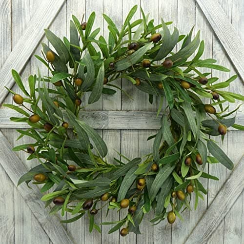 AMF0RESJ 20 inches Artificial Green Olive Wreath Greenery Wreath with Olive Leaves, Bean for Front Door Indoor Outdoor Farmhouse Home Wall Window Festival Wedding Decor, White Gift Box Included