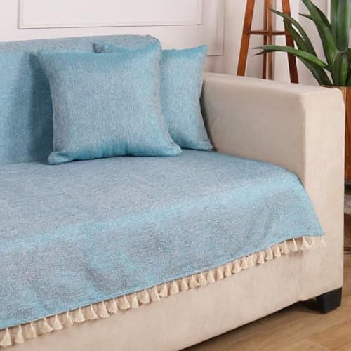 STITCHNEST Jute Sofa Cover – Turquoise, 48x60 Inch | Soft Textured Fabric with Tassel| Full Coverage Sofa for Living Room Décor