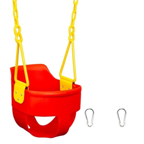 Premium High Back Full Bucket Toddler Swing Seat with Finger Grip Plastic Coated Chains and Carabiners for Easy Install Red Squirrel Products