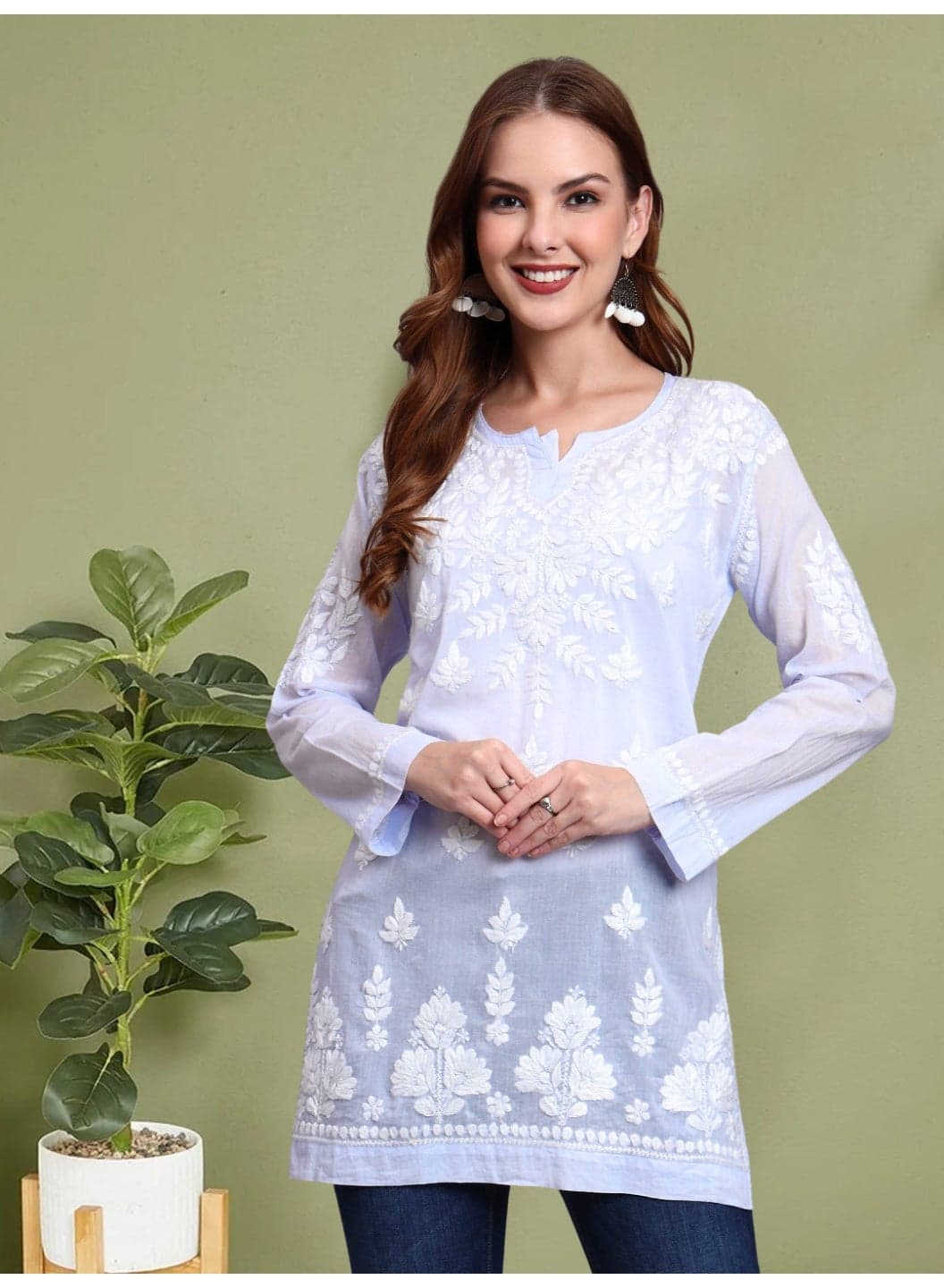 Women Hand Embroidered Chikankari Cotton Short Top -AL3724