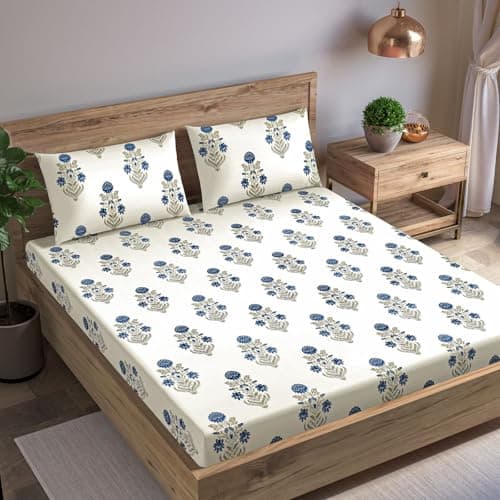 Trance Home Linen 180TC 100% Cotton 84"x78" Elastic Fitted Bedsheet Super King Bed Size | Printed Fitted Sheet | Elasticated Fitted Bedspread with 2 Pillow Covers (84x78 inch, Huvu Blue)