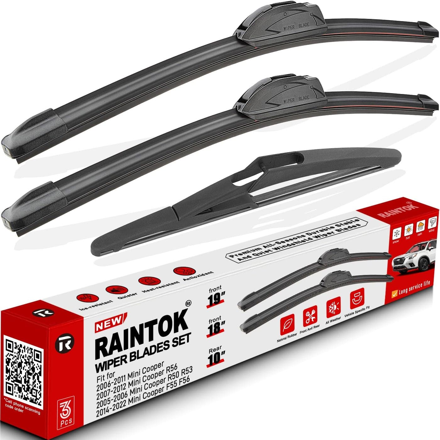 RAINTOK Windshield Wiper Blade Set Replacement for 20062011 Mini Cooper and Rear Windshield Wiper Blade191810 Set of 3 UJ HOOK
