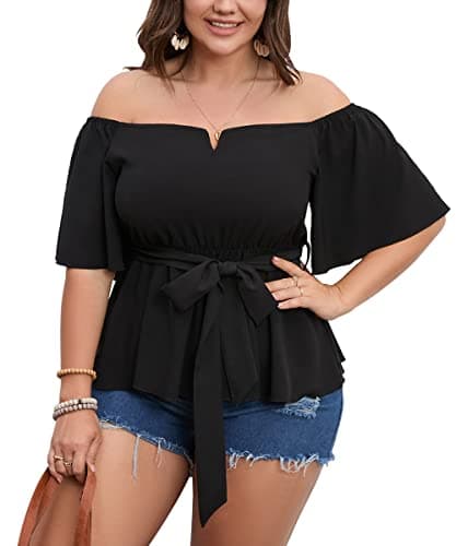 SCOMCHIC Women's Plus Size Off The Shoulder Peplum Blouse Top Half Bell Sleeve Tie Waist Ruffle Hem Babydoll Tops Black