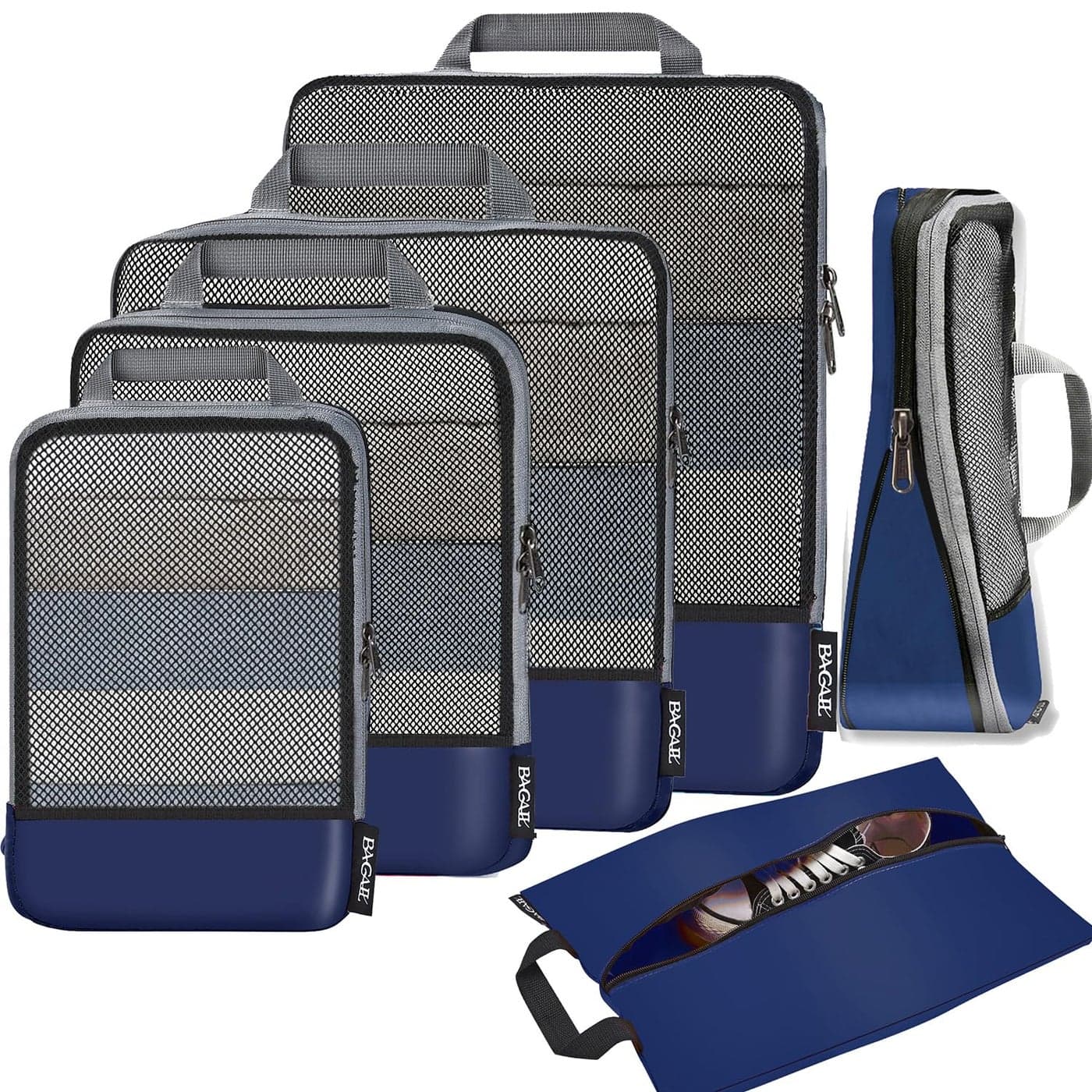 BAGAIL 4 Set/6 Set Compression Packing Cubes Travel Accessories Expandable Packing Organizers(Navy HalfMesh 6 Set)