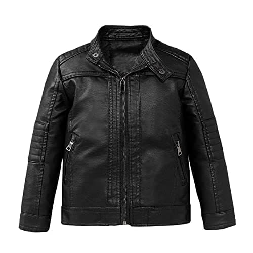 POZAMA Boys Stand Collar Leather Jackets Kids Spring Fall Faux Leather Motorcycle Coats Black 3-4Years