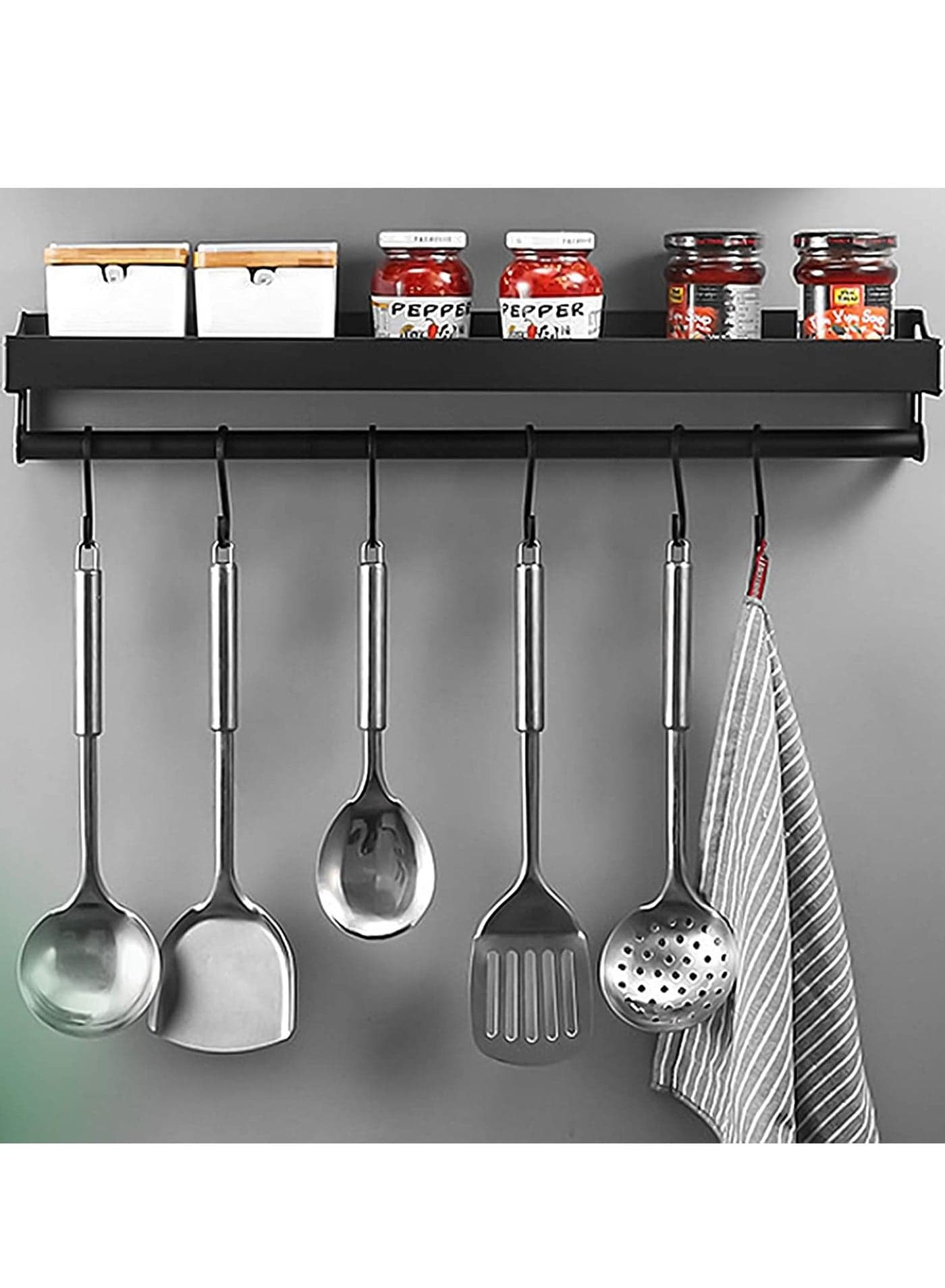 Spice Rack, Kitchen Holder without Drilling, Spice Rack Hanging with Rails and 8 Hooks, Kitchen Shelf Wall for Spices, Stainless Steel Wall Mounted Spice Rack Cabinet Door for Bathroom and Kitchen
