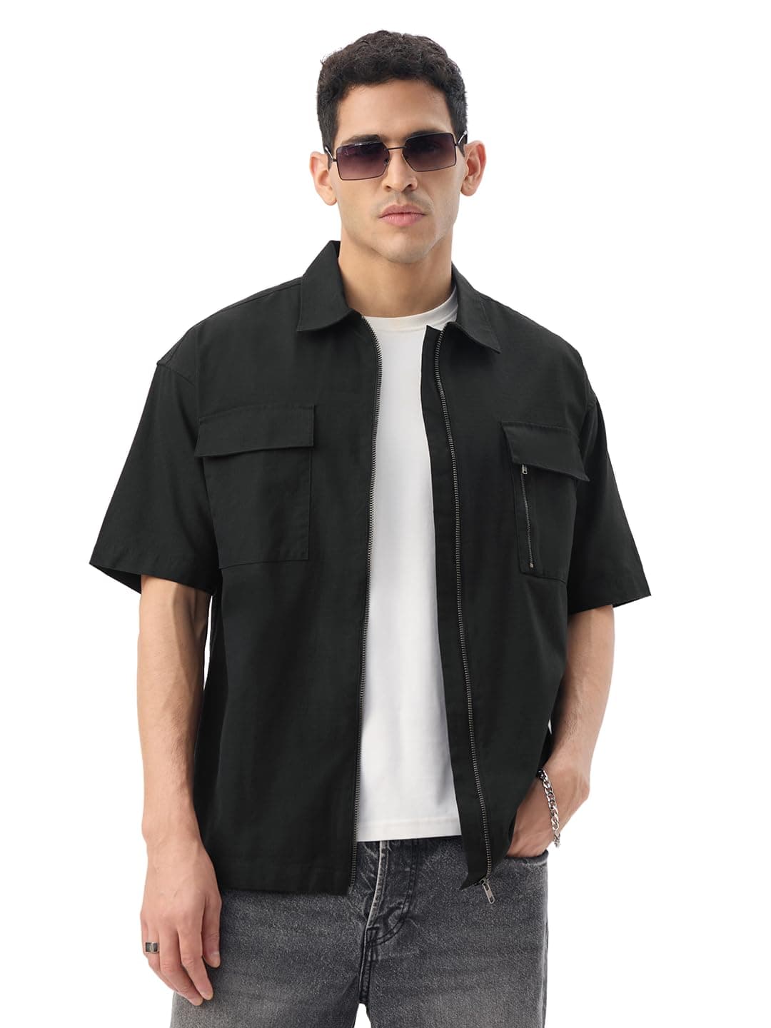 The Souled Store Zipper Shirt: Charcoal Black Men and Boys Short Sleeve Spread Collar Zipper Front Solid Textured Regular Fit Casual Easy to Style Everyday Office Wear Cotton Shirt