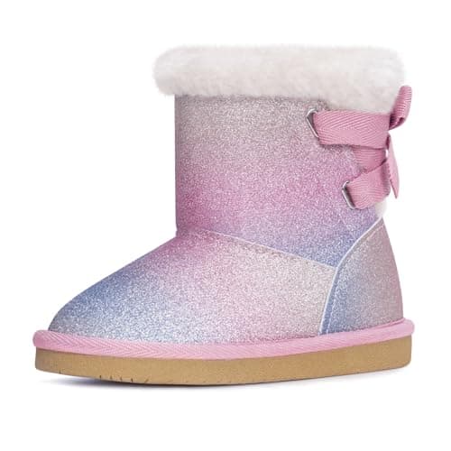 KRABOR Girls Glitter Snow Boots Cotton Lining Warm Winter Non~Slip Shoes with Cute Bow for Toddlers/Little Kid (Pink Size 7)