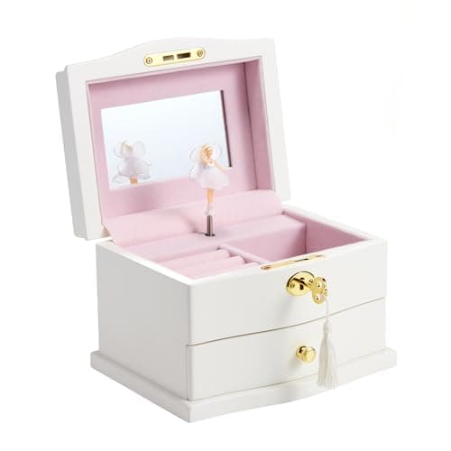 Jozen Gift Ballerina Musical Jewelry Box with Mirror for girls,Kid's Jewelry Storage Music Chest (White-L)