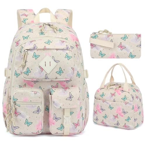 Lroiutian Corduroy 3Piece Backpack Set for Girls Boys School Bookbag Kids Backpacks with Lunch Box and Pencil Case Ages 818Butterfly