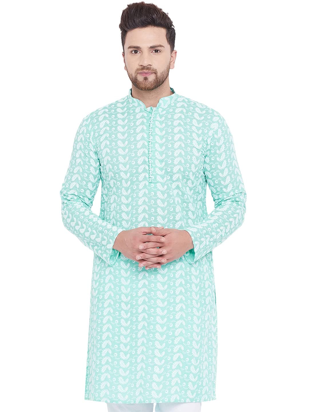 VASTRAMAY Mens Cotton Green and White Kurta - Elegance for Festivals & Events_VASMK094GN_36