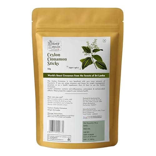 Honey and Spice Ceylon Dalchini Cinnamon Sticks Organic Srilankan - 50 Gms (True Srilankan Barks/Rolls) Flavourful for Cooking, Seasoning, Baking, 100% Natural | H1 Grade | Paper Packaging