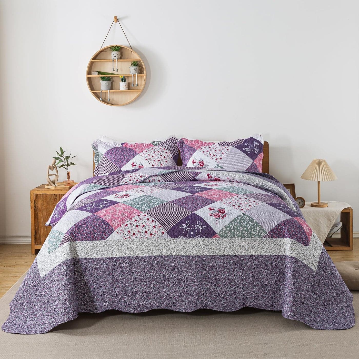 HoneiLife Oversized King Quilt 120x1203 Pcs California King Bedspreads Extra Large Quilt Sets All Season UseRustic Bedding Sets King SizeReversible Coverlet Microfiber Bed Quilts Purple