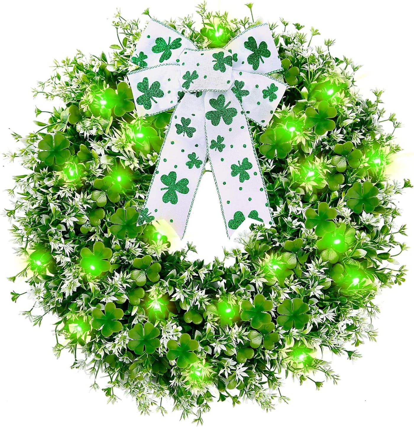 Sggvecsy 177 St Patricks Day Shamrocks Wreath for Front Door with 30 Green Lights Artificial Greenery Clover Wreath for Irish St Patricks Day Decoration Wall Window Indoor Outdoor Home Decor