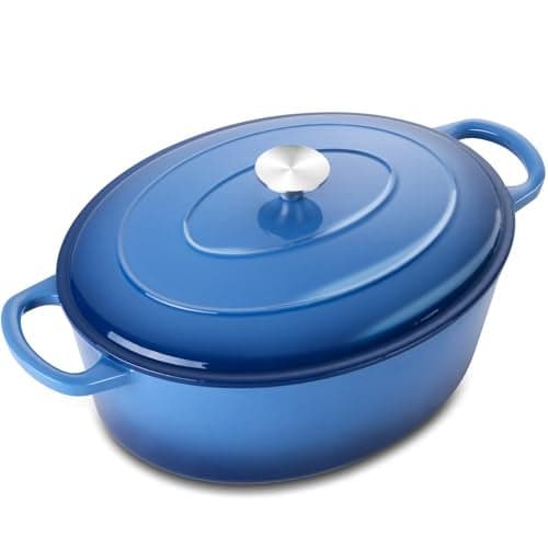 5QT Oval Dutch Oven Pot with Lid, Leonyo 5 Quart Enameled Oval Cast Iron Dutch Oven for Sourdough Bread Breaking, Heavy Duty Cookware for Braising, Stews, Roasting, Blue
