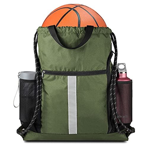 BeeGreen Moss Green Drawstring Bag Pack Sport Cinch Sack with Shoe Compartment and Two Side Mesh Pockets Heavy Duty Gym String Backpack for Unisex