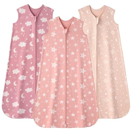 FIEMOL Baby Sleep Sack 0-6 months, 100% Cotton Sleeping Sack for Newborn and Infant, 3 Pack Baby Wearable Blanket, 0.5 Tog Lightweight Double Zipper Sleep Bag Small Pink Stars Moon