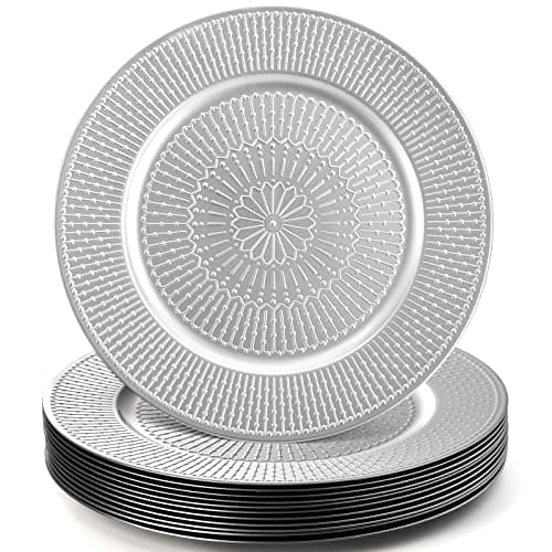 DEAYOU 12 Pack Silver Charger Plate, 13-inch Beaded Chargers for Dinner Plates, Plastic Reusable Round Charger Platters for Wedding, Party, Event, Table Setting, Decoration, Holiday