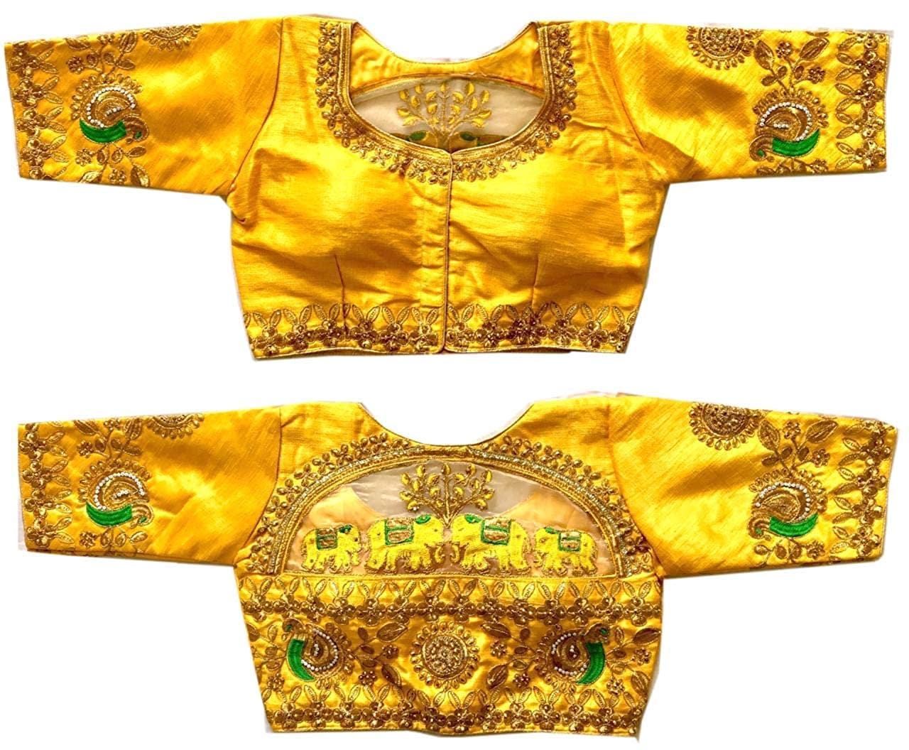 Pujia Mills Women's Malbari Phantom Silk Half Sleeve Blouse (Handwork Blouse_Yellow_42)