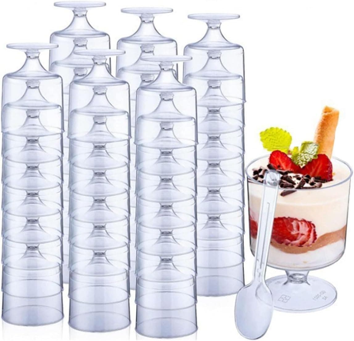 Mistari 50 Pack 6oz Square Clear Plastic Dessert Cups with Spoons Mini Parfait Cups Pudding Cups for Cheesecake Yogurt Jello Mousse Snacks Fruit Trifle High Footed Cups