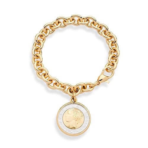 Miabella Gold Plated Bronze Italian Genuine 500-Lira Coin Charm Rolo Link Chain Bracelet for Women Made in Italy