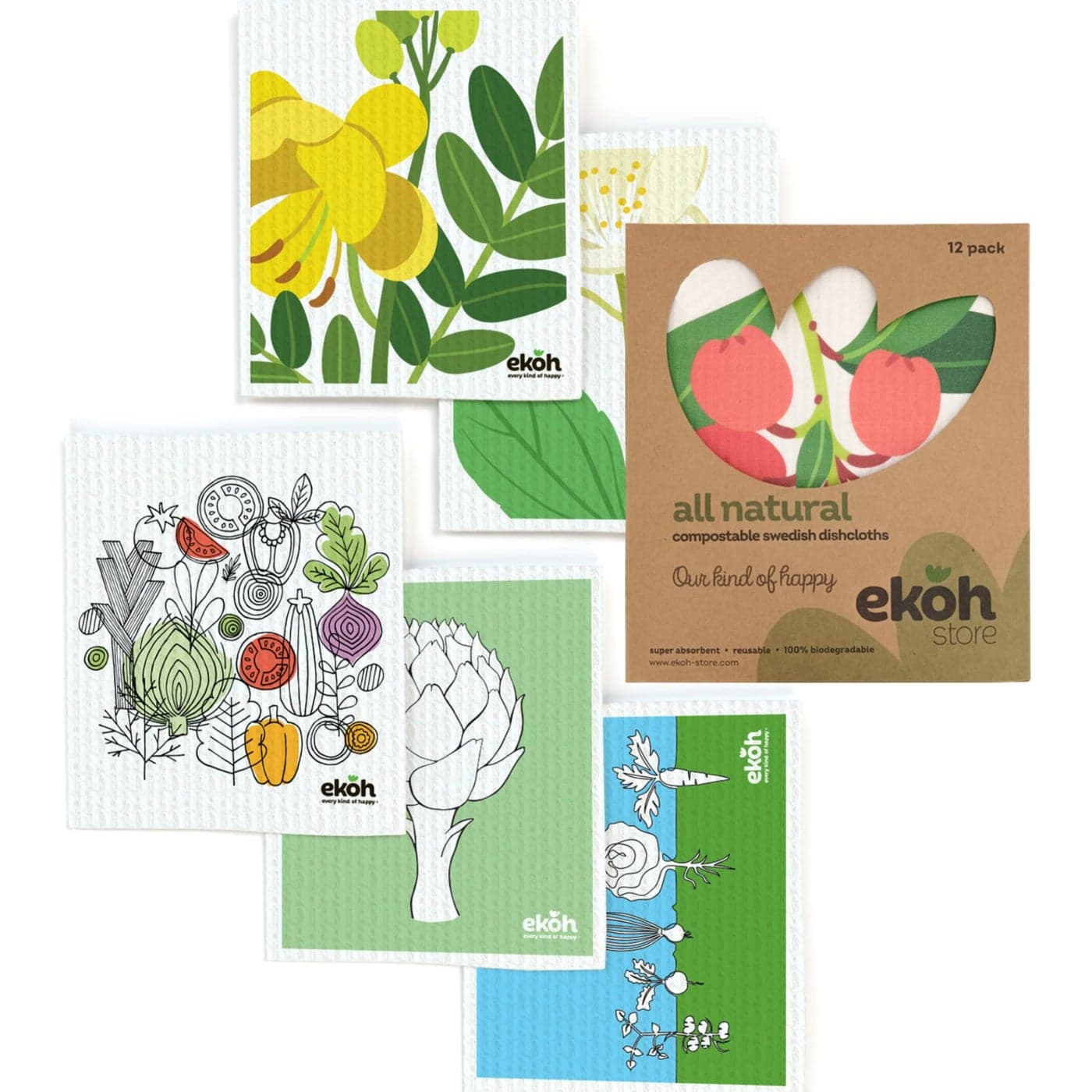 EKOH Swedish Dishcloths for The Kitchen 12 Pack Cleaning Cloths for The Home 100 Biodegradable Dish Cloths a Paper Towel and Plastic Sponge Alternative Scandi Botanical Scandinavian