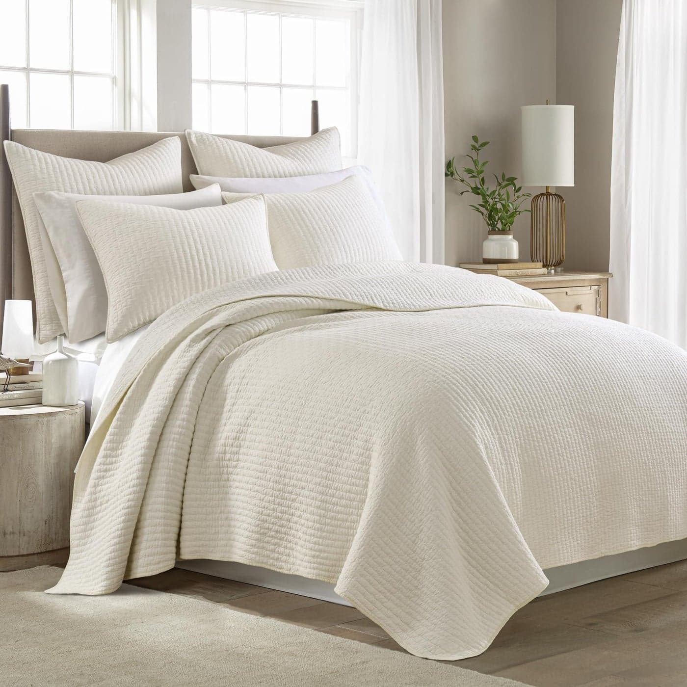 Levtex Home Cross Stitch Quilt Set 100 Cotton King Quilt 106x92in 2 King Shams 36x20in Cream