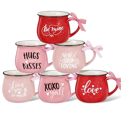 Zubebe 6 Pieces Valentine's Day Mugs 12 oz Coffee Ceramic Mug with Ribbon Red Pink Love Words Cup Sweet Heart Coffee Cup Tiered Tray Decor for Anniversary Wedding Table Centerpieces (Red Fade)