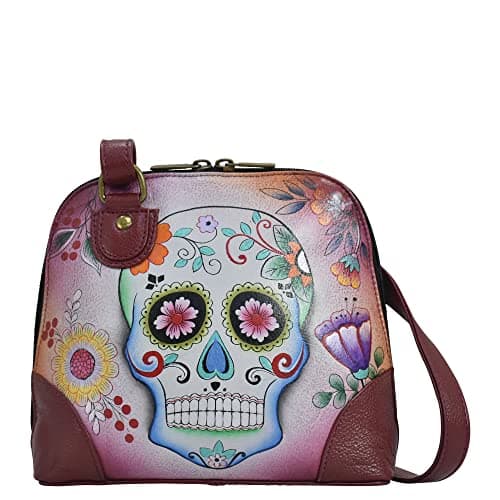 Anna by Anuschka Women's Leather Small Zip-Around Handbag, Multi Compartment Organizer, Sugar Skulls