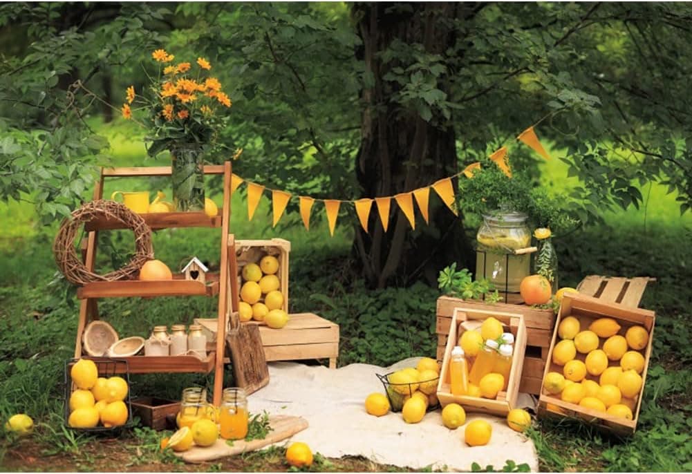 Renaiss 7x5ft Lemon Backdrop for Photoshoot Kids Boys Girls Portrait Summer Green Trees Yard Yellow Flag Lemonade Shop Photography Background Baby Shower Birthday Party Decor Banner Photo Booth Props
