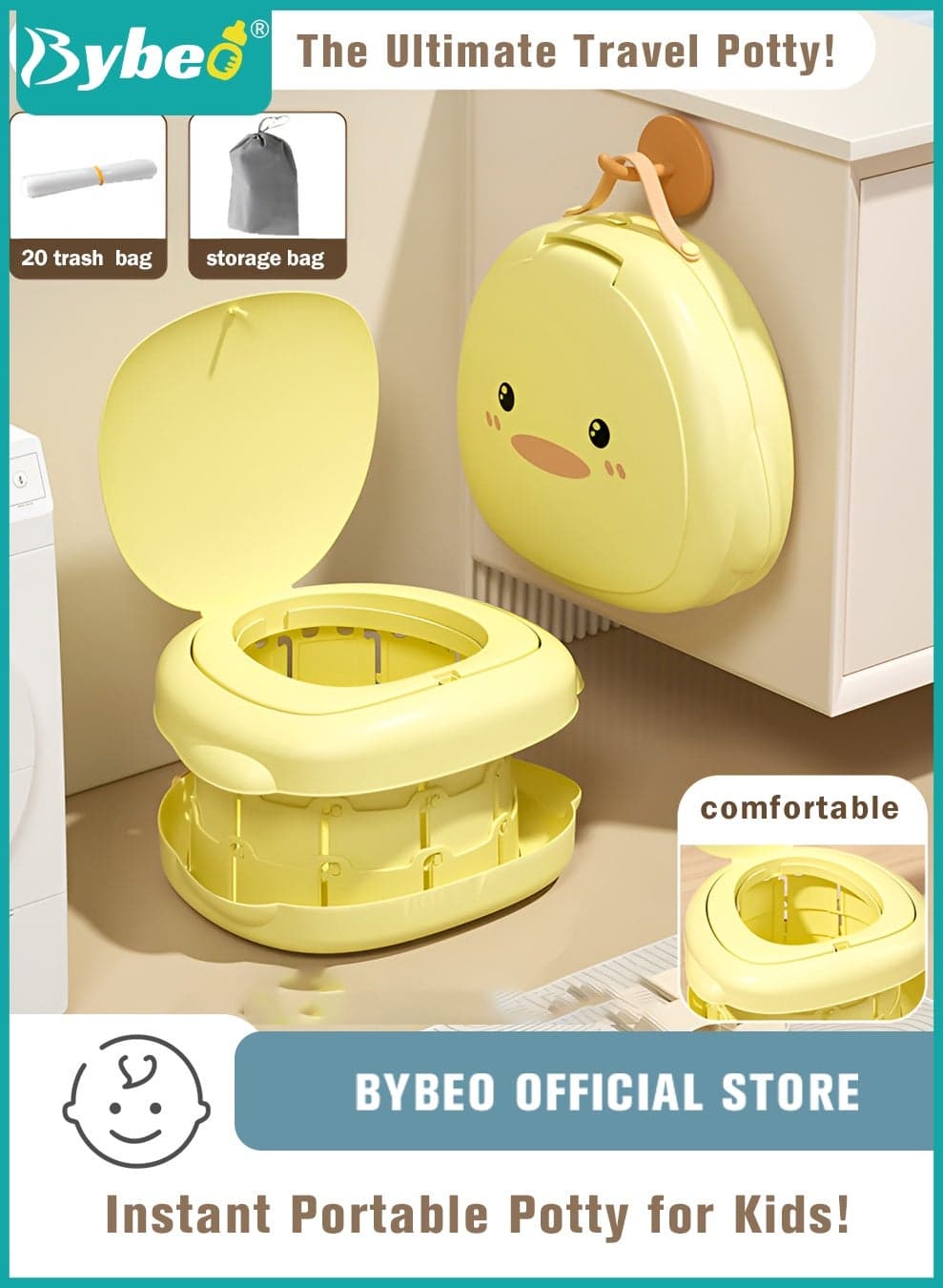 Portable Baby Potty Seat, Kids Training Toilet Chair, Folding Children Travel Potty, Baby Potty Training Seat for Travel, Car Camping, with 20pcs Clean Bag and a Storage Bag, Cute Duck Shape