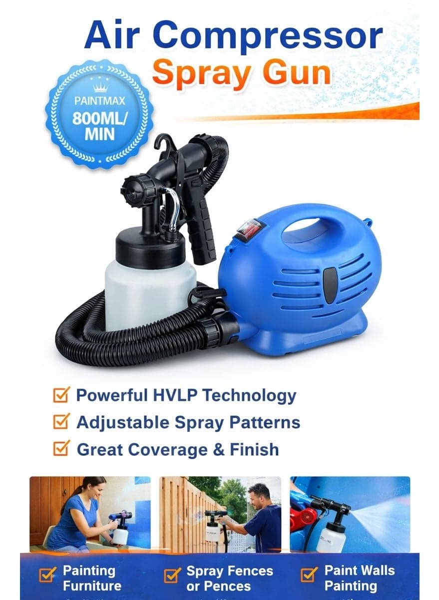 Electric Air Compressor Spray Gun, 800ML HVLP Paint Sprayer with Adjustable Output, Portable Paint Spray System for Walls, Furniture & Fences