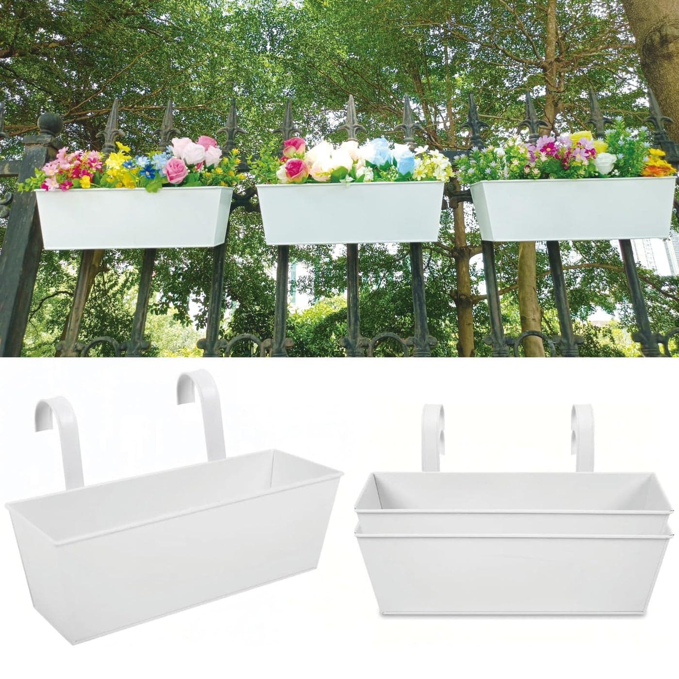 3 Pcs Large Hanging Flower Pots for Railing Or Fence 16 Inch Railing Planter Box for Any Balcony Porch or Deck Countryside Style Window Planter Boxes Are Perfect to Herbs Flowers for Garden White