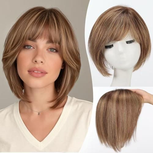 EMMOR Human Hair Toppers for Women Short Bob Real Hair with Bangs 10 Side Part Hairpieces for Women with Thin Hair 65 65 Larger Base Human Wig ToppersMixed Brown