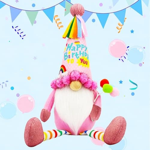 Birthday Gnome Plush Pink, Birthday Gifts for Women, Happy Birthday Gnomes Gifts for Mom Sisters Daughter Girls Kids Best Friend Her, Large Birthday Gnome Party Tiered Tray Table Decor