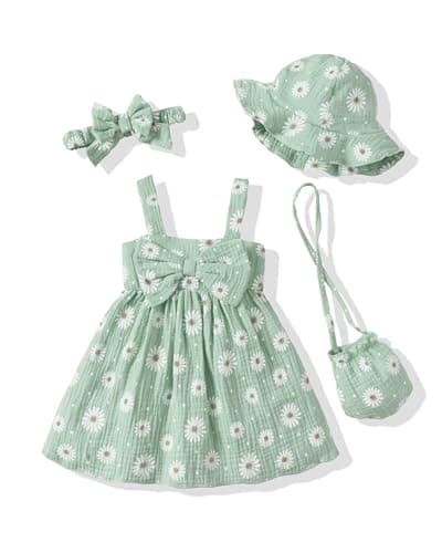 Infant Summer Girl Dress Cute 6-9 Month Baby Girl Clothes Big Bow Green Daisy Flower Sundress Beach Casual Sleeveless 9-12 Month Dresses with Sunhat Floral Party Outfits for Girls