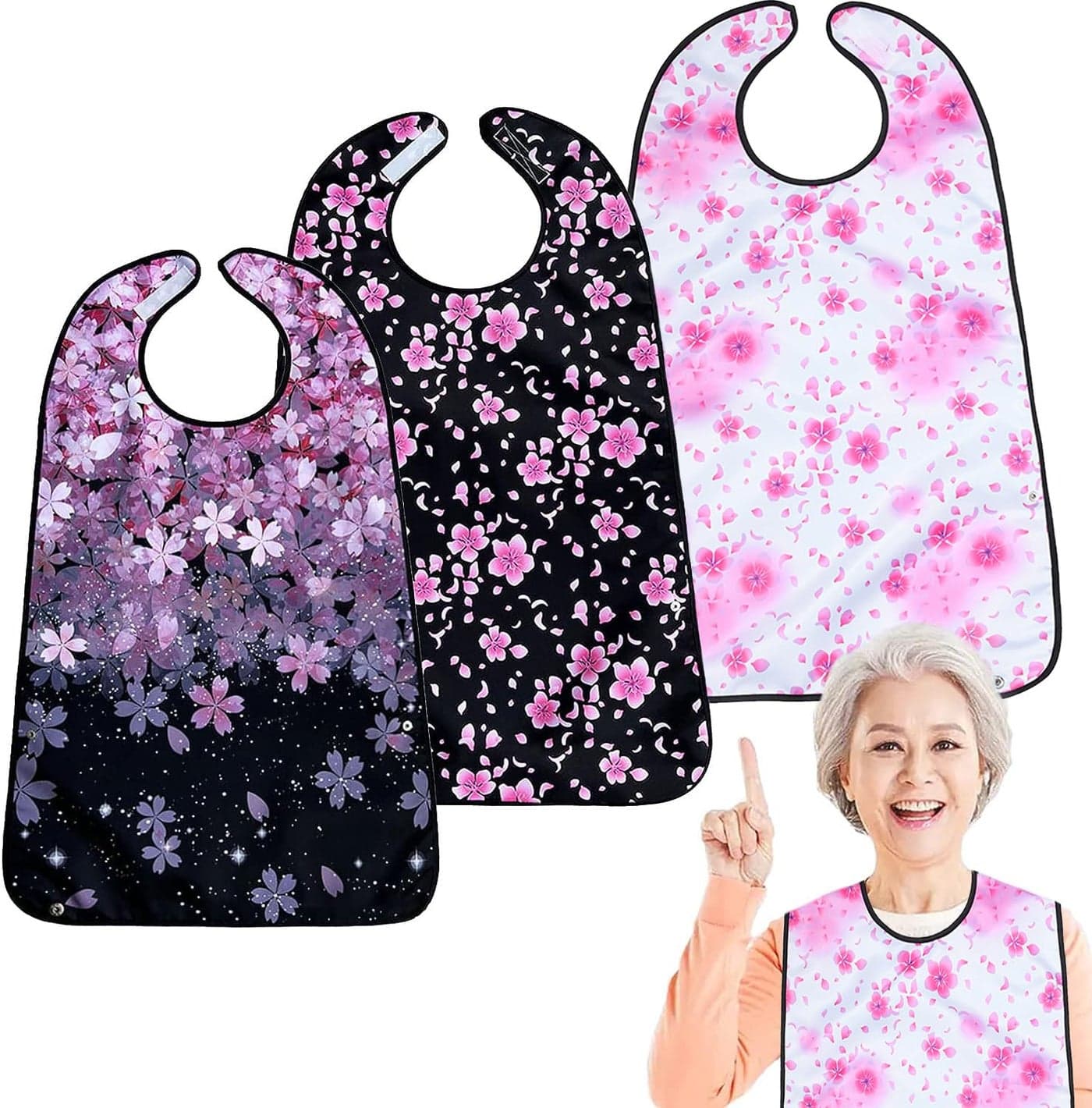VOPHIA 3 Pack Adult Bibs for Eating Cherry Blossoms Women BibWashable Reusable Waterproof Clothing Protector with Detachable Crumb Catcher 2953x1969