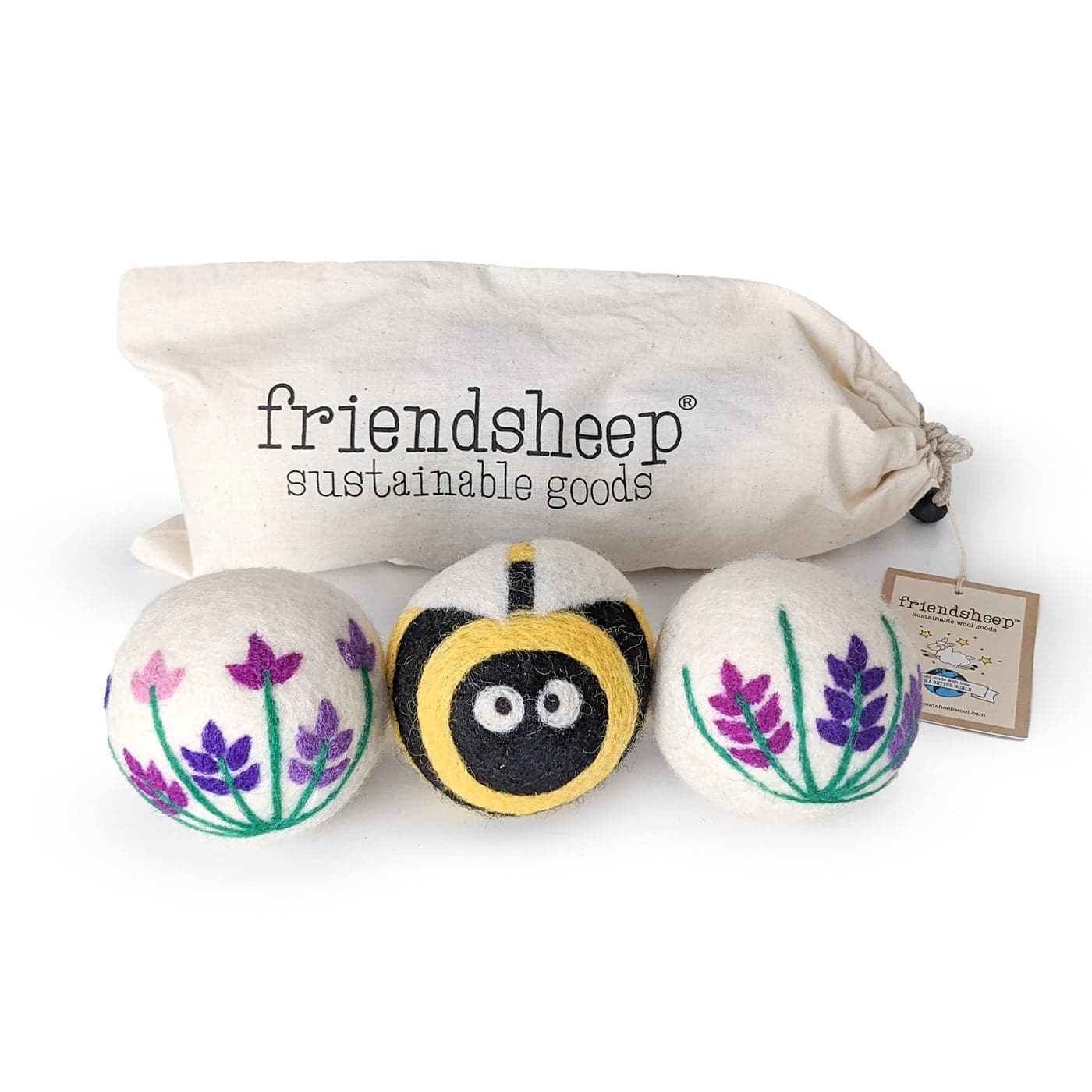 Friendsheep Wool Dryer Balls Organic Reusable Fabric Softener Alternative for Laundry Handmade Fair Trade Hypoallergenic EcoFriendly PlasticFree 3 Pack XL Lavender Fields Bee Flower