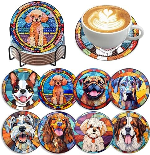 Zythron 8 PCS Dog Diamond Art Coasters Diamond Painting Coasters Kits with Holder Dog DIY Coaster for Beginners Adults Diamond Art Crafts Supplies 4x4 in