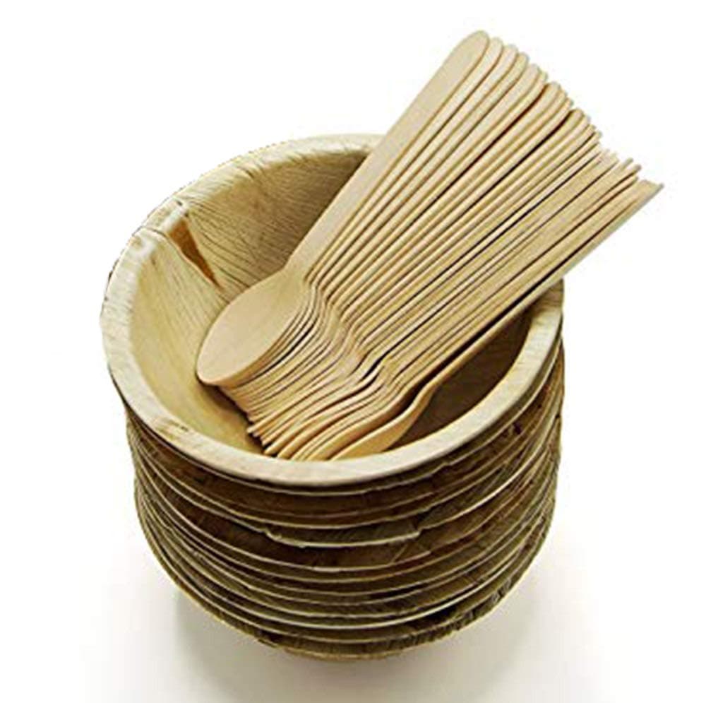 Crazy Sutra Eco-Friendly Disposable Cutlery - Combo of Round Areca Palm Leaf Bowls-4 Inch (50pc) & Wooden Spoon (50pc) for Parties, Birthdays,Travel Great for Parties, Bbqs,Events