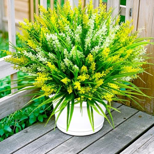 Artificial Plants Outdoor 20 Pcs Fake Flowers UV Resistant Outdoor Fake Plants Lavender Artificial Flowers Plastic Fake Faux Flowers Shrubs for Home Porch Garden Yard Window Box Yellow White