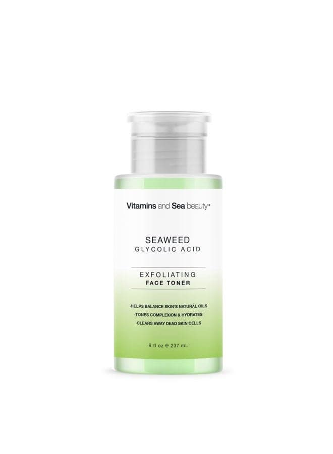 Exfoliating Face Toner with Seaweed & Glycolic Acid – Tones, Hydrates & Clears Dead Skin Cells – Oil Balancing Toner for All Skin Types – Vegan, Paraben-Free, Cruelty-Free – 8 fl oz