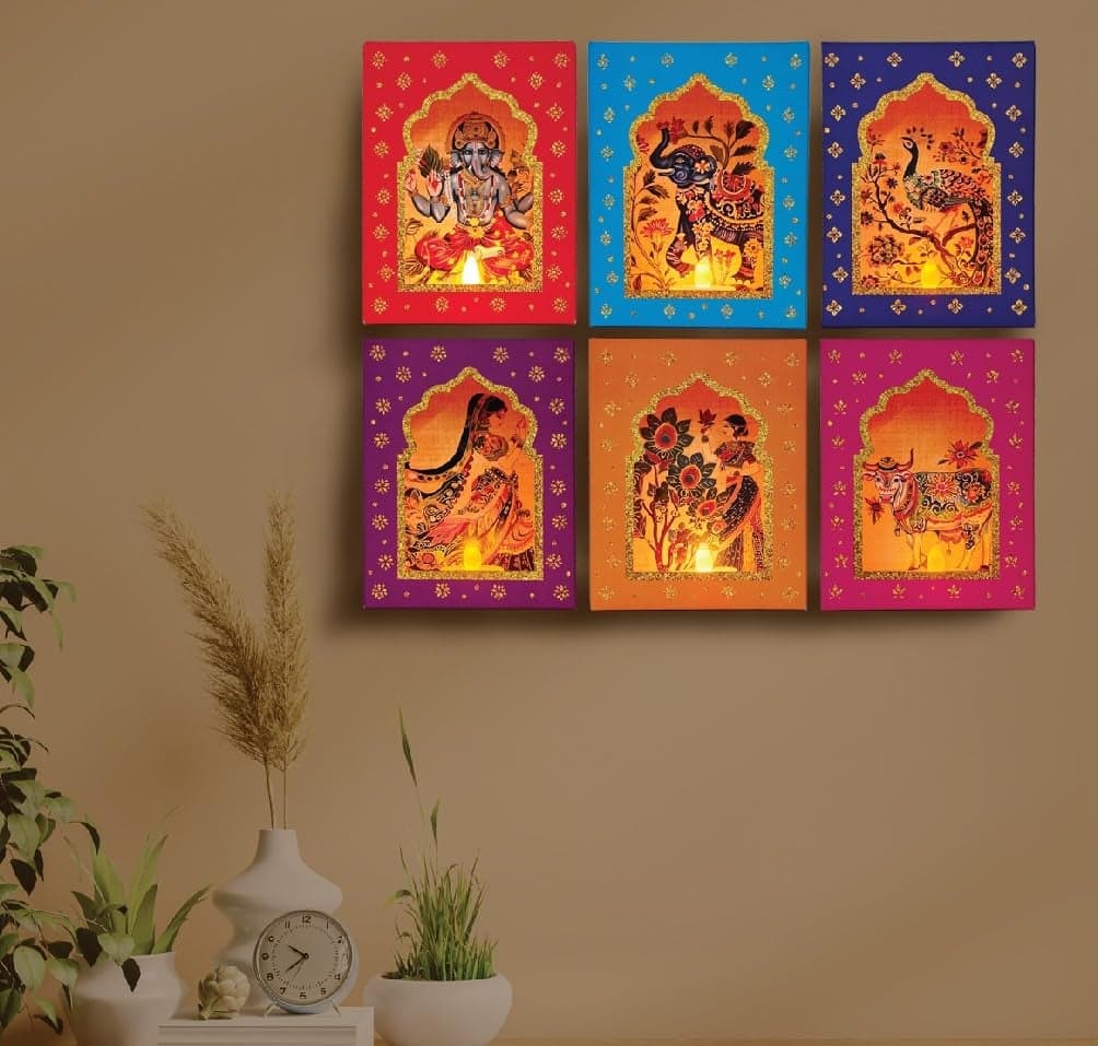SVM CRAFT Jharokha Diyas Set of 6 with LED Candle Diwali Decoration Items,Wall Hanging, Home Decor Items Festive Decor Item, DIY Craft Traditional Jharokha Box for Hanging