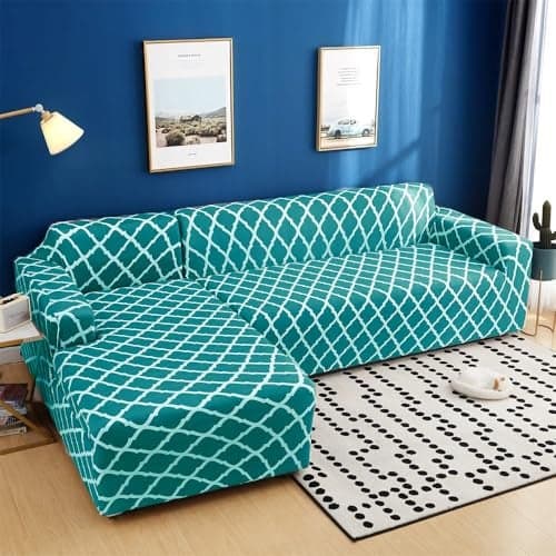 Gifts Island® Universal Sectional 180 GSM Sofa Covers L - Shape Slipcover 2pcs Non-Slip Sticky Elastic Stretchable L-Type Chaise Slipcover Protector, Teal Green Diamond