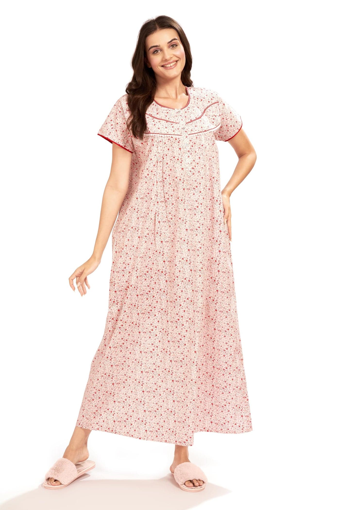 AV2 Women's Cotton Floral Maxi Nighty (1186BL_Red_L)